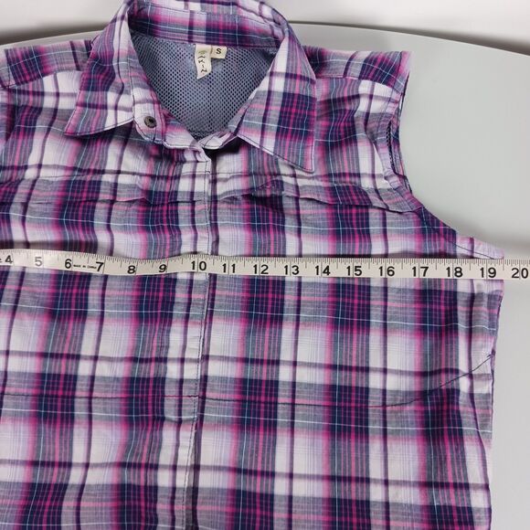 Dakini Plaid Boyfriend Shirt Womens Small Purple Stretch Hidden Pocket Vented - Picture 13 of 14